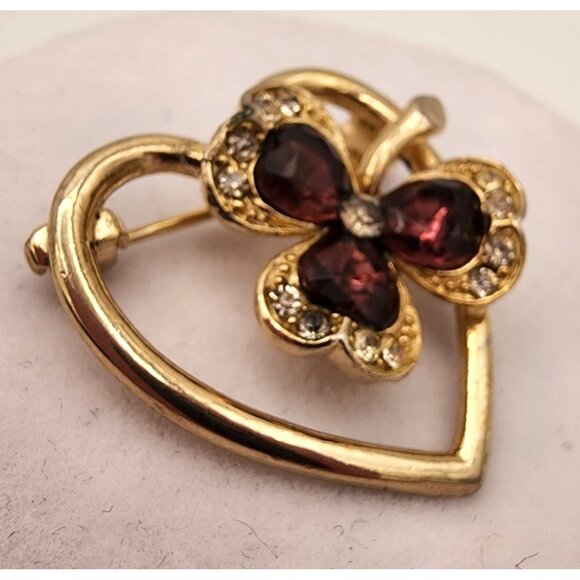 Vintage Heart & Clover Brooch With Rhinestones & Red Gems - Picture 2 of 5